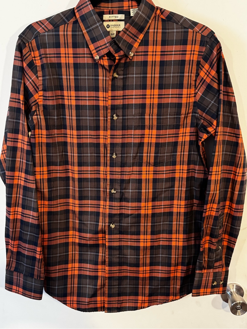 Haggar Men's Orange and Navy Plaid Button-Down Shirt - Size Small - EUC
